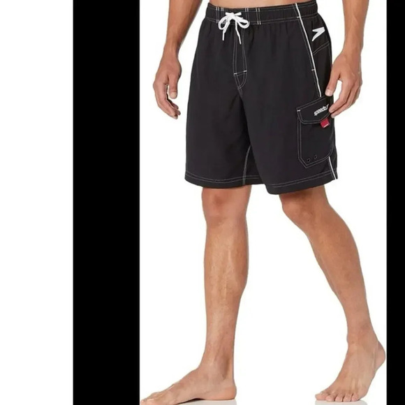 Speedo, M, black, red, white cargo board shorts, tie, mesh lined swim trunks - Picture 2 of 9
